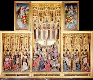 アンビエール祭壇画の中央部分、1460-66（金色と塗装のクルミ材）